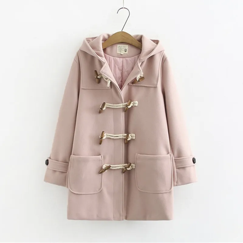 Top Trends: Double Row Horn Buckle Coat Hooded Women Autumn Clothing Winter Casual Solid Thicken Button Jacket College Style 2023 Dropship Shoppable Styles