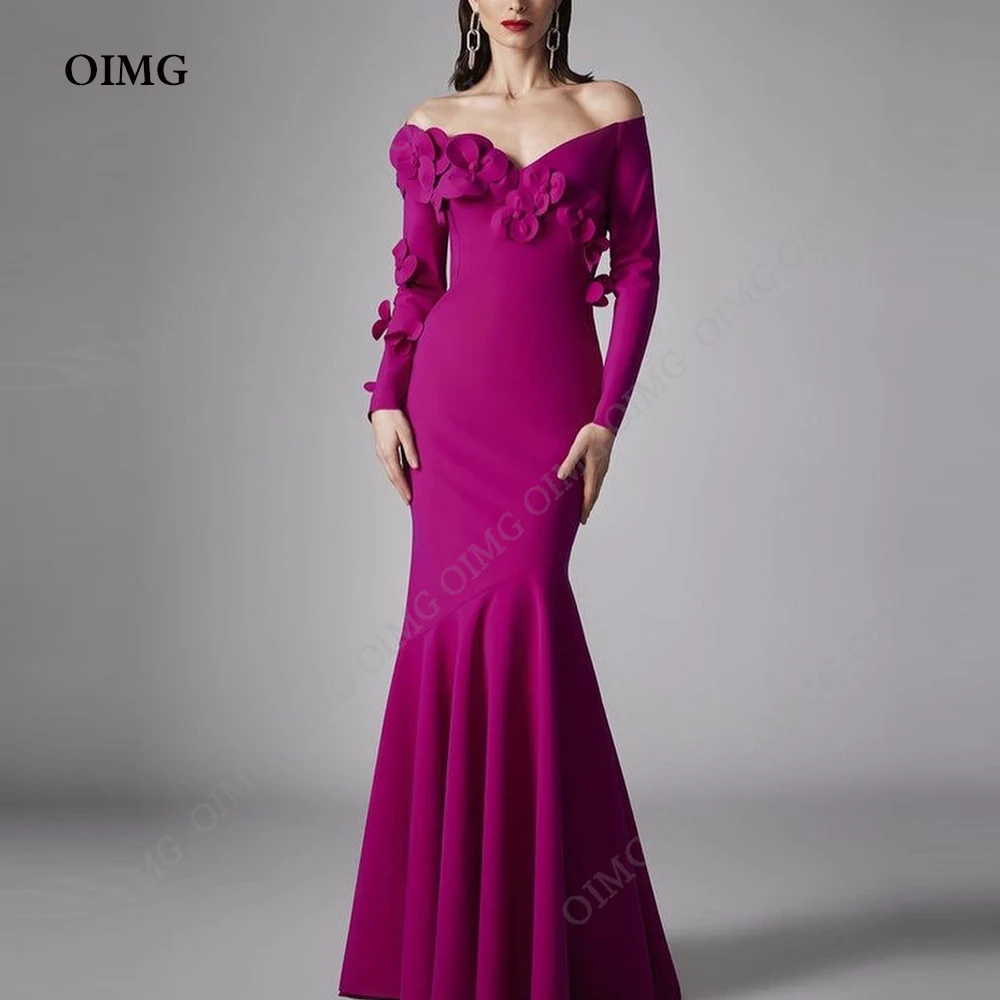 Top Trends: OIMG Fuschai Long Mermaid Charming Prom Dress 3D Flowers Formal Gown Full Sleeves Evening Gown With High Slit Vestidos De Noche Shoppable Styles