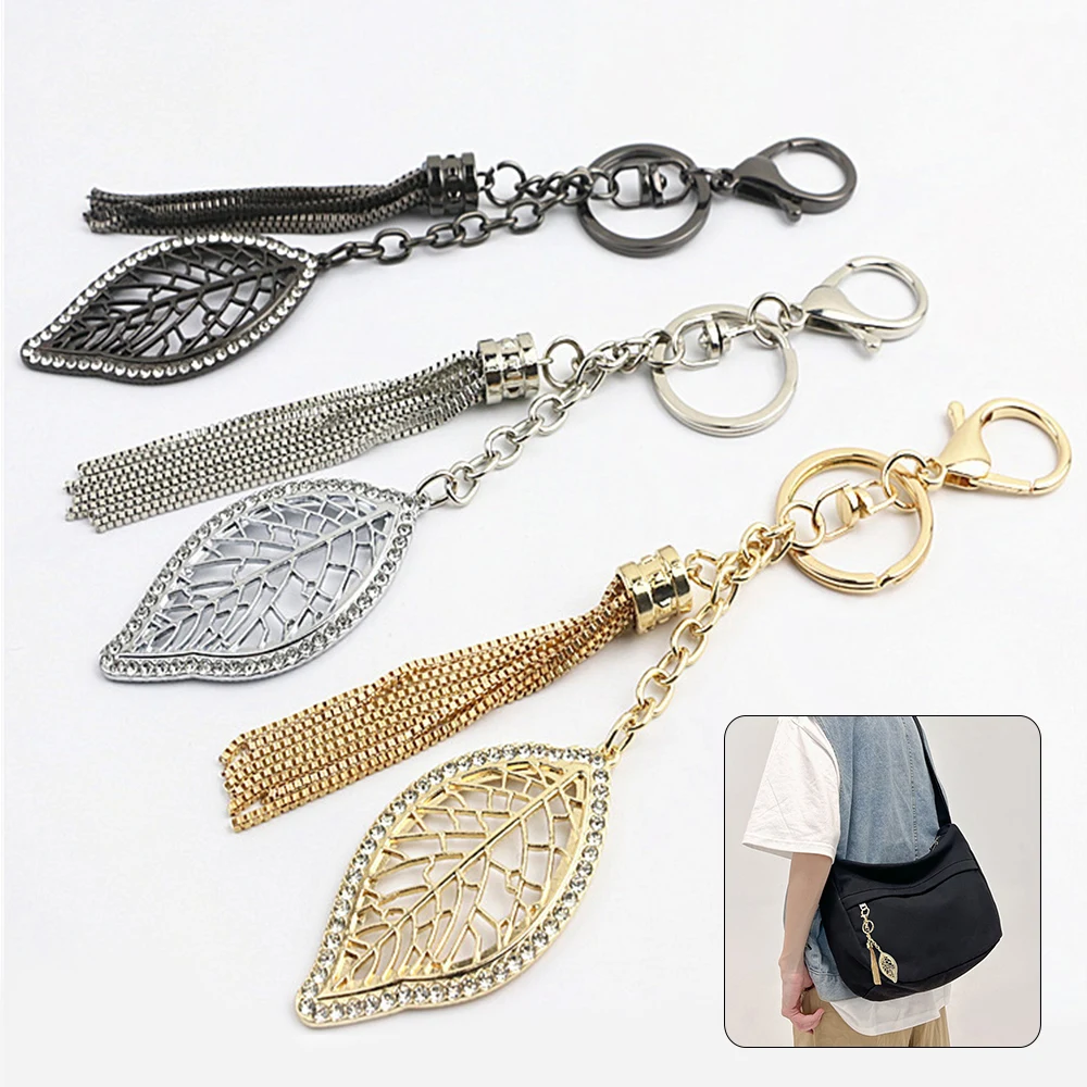 Top Trends: Creative Leaf Shape Keychains With Metal Tassel Chain Rhinestones Bag Hanging Pendant Charms Diy Bag Accessories Ornament Shoppable Styles