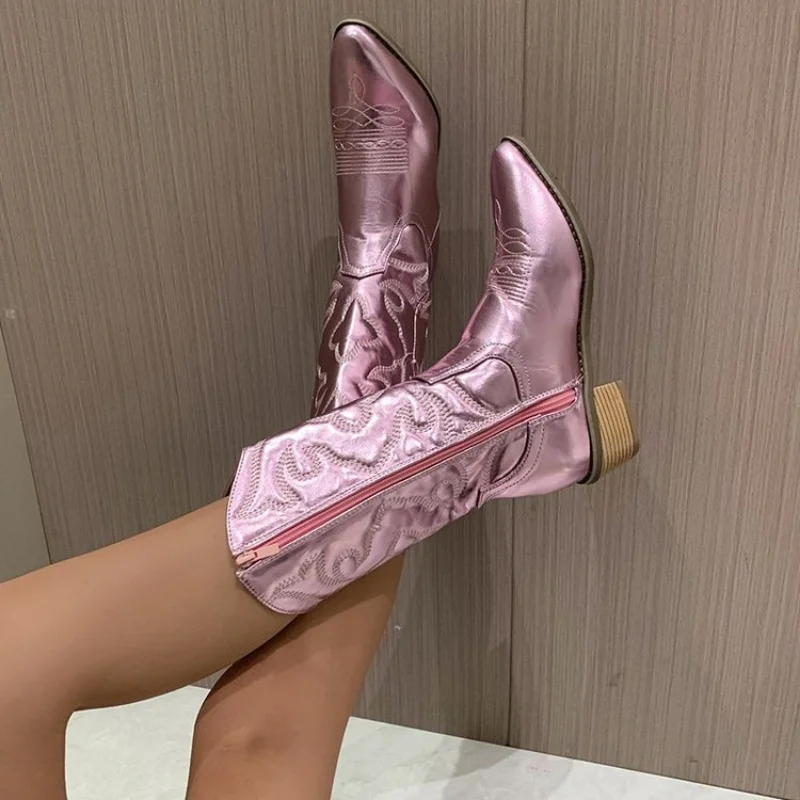 Top Trends: Cowboy Western Boots For Women Shiny Metallic Women's Embroidery Knee High Stiletto Pointed Toe Pink Shoes For Dropshipping Shoppable Styles