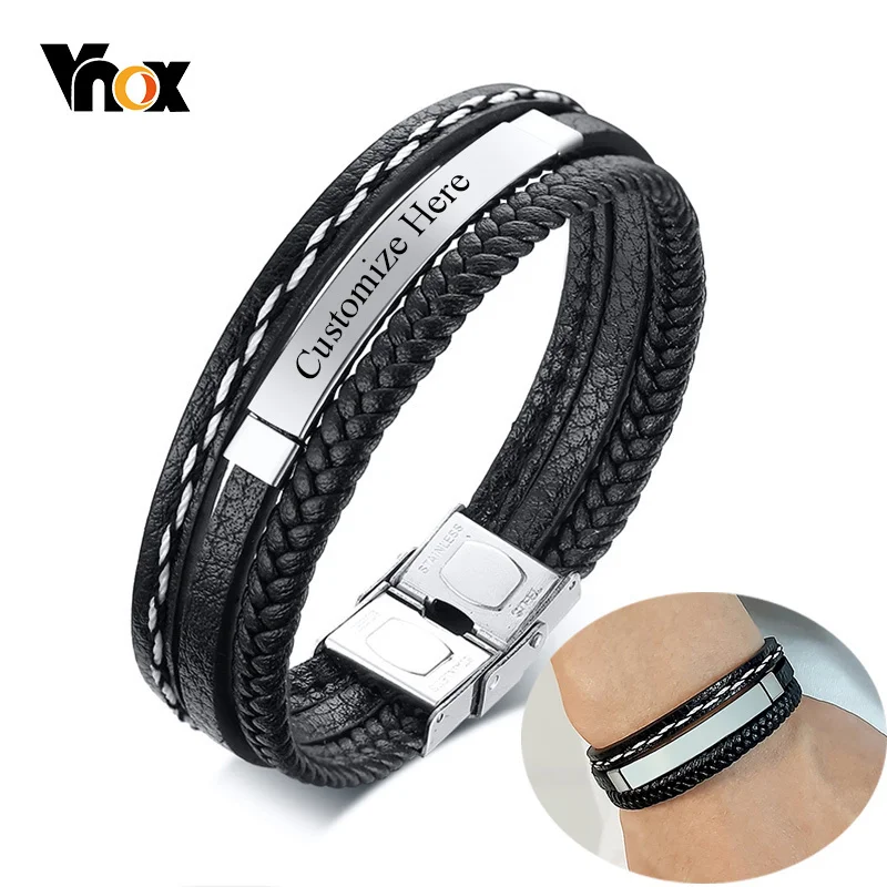 Top Trends: Vnox Custom Logo Name Quote Engrave Multi-layer Leather Bracelets For Men Stainless Steel ID Bangle Personalize Jewelry Shoppable Styles