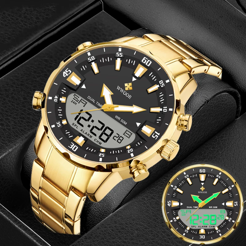 Top Trends: WWOOR New Top Luxury Original Sports Wrist Watch For Men Quartz Steel Waterproof Dual Display Military Watches Relogio Masculino Shoppable Styles