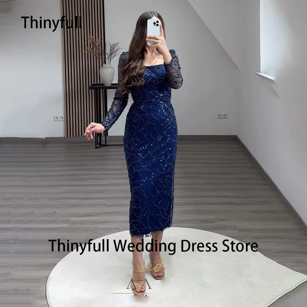 Top Trends: Thinyfull Saudi Arabia Mermaid Evening Dresses Long Sleeve Sequined Prom Gowns Tea Length Events Dress Formal Dinner Dresses Shoppable Styles