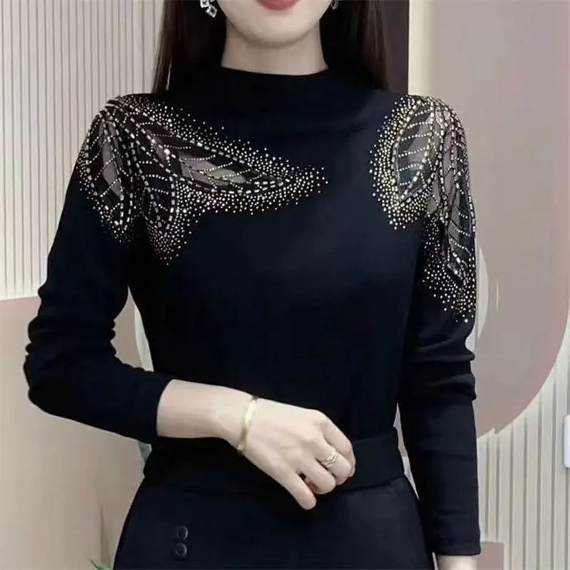 Top Trends: Office Lady Half High Collar Plant Printed T-shirt Spring Autumn Long Sleeve Chic Diamonds Female Clothing All-match Pullovers Shoppable Styles - Image 2