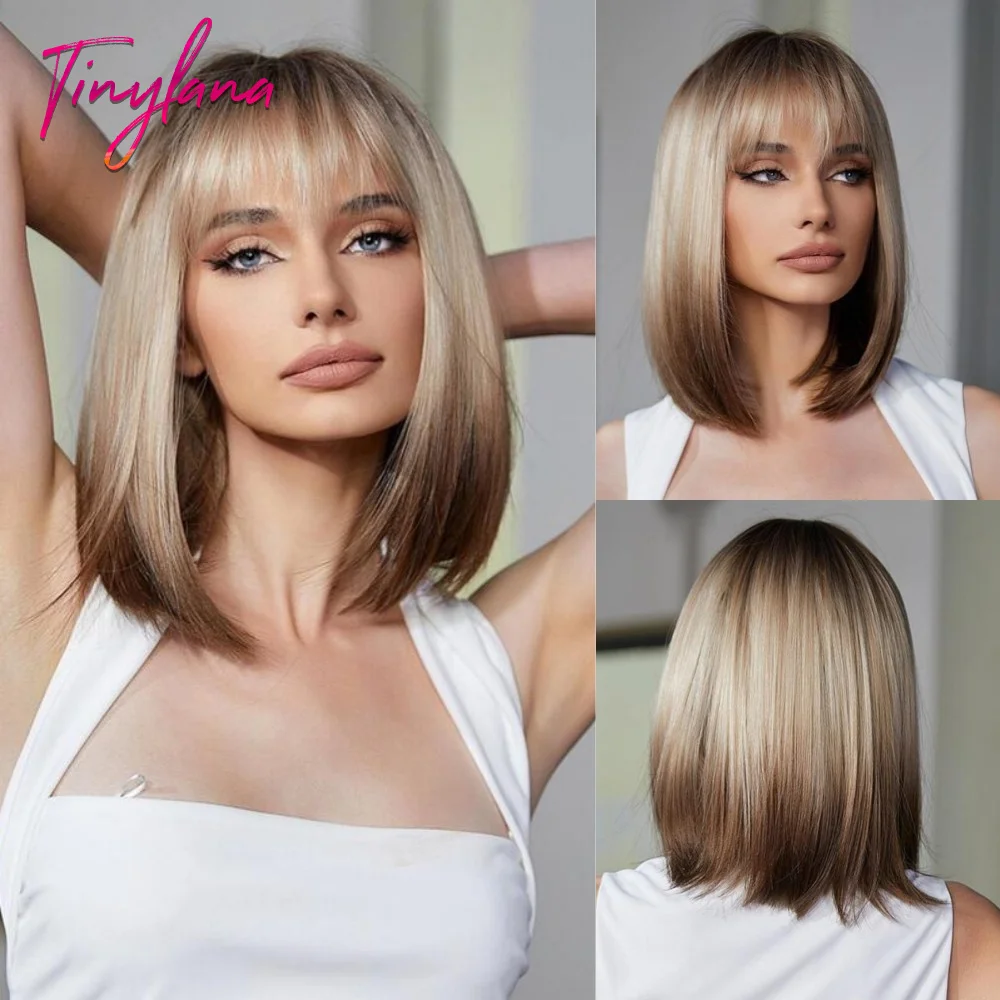 Top Trends: Straight Ombre Blonde Brown Synthetic Wigs With Bangs Medium Bob Hair Wigs For Women Afro Daily Cosplay Natural Heat Resistant Shoppable Styles