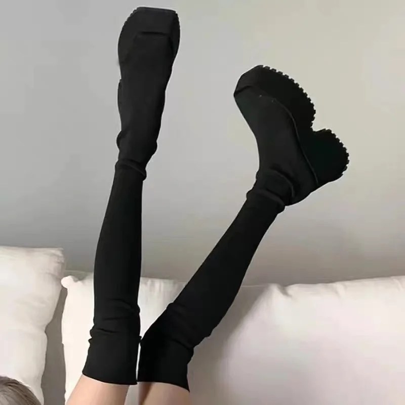 Top Trends: Autumn Winter Women&#039;s Over The Knee Sock Boots 2023 Stretch Knitted Thick Heels Long Boots Woman Slip On Platform Shoes Shoppable Styles