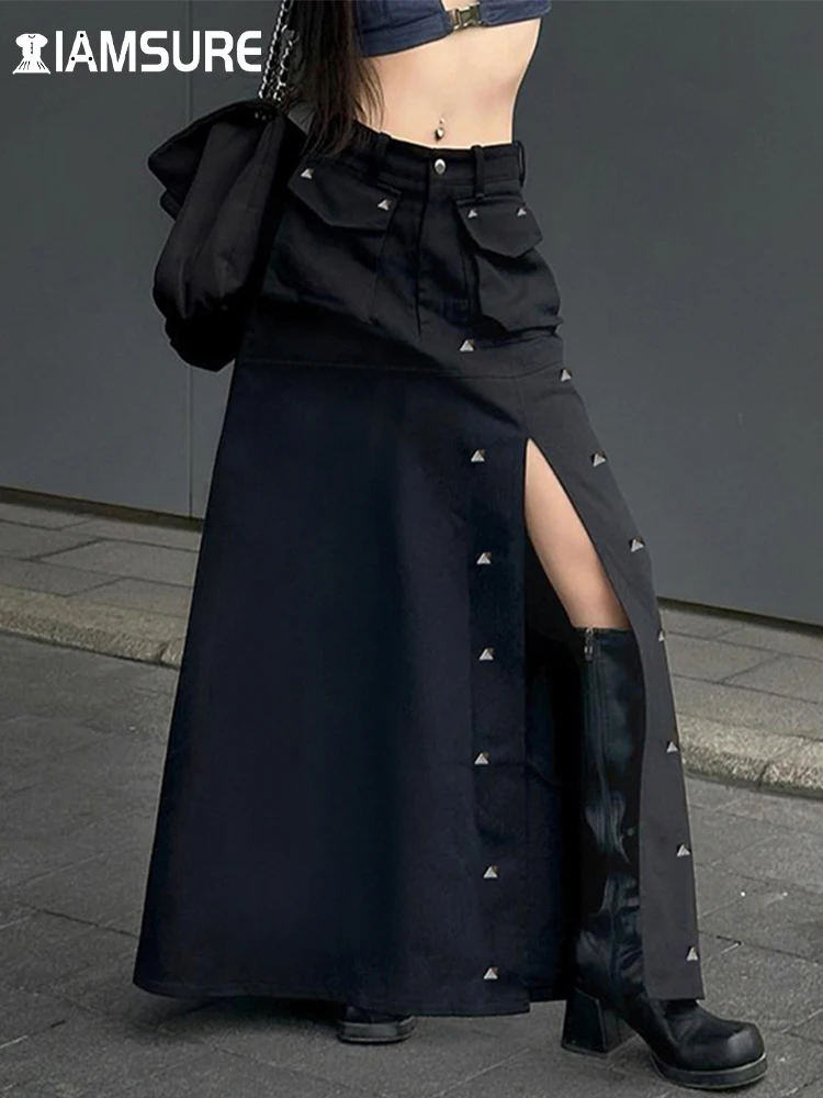 Top Trends: IAMSURE Gothic Pockets Rivet Split Skirt Dark Solid Mid-Waisted A-Line Maxi Skirts Women 2023 Autumn Winter Fashion Streetwear Shoppable Styles