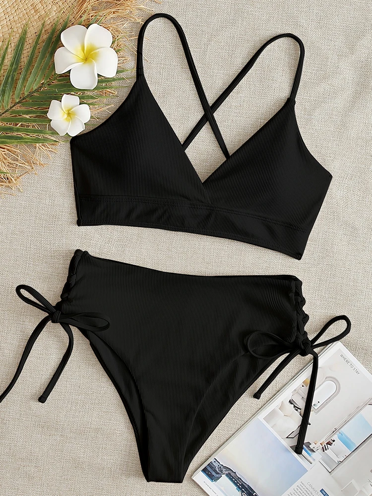 Top Trends: Bikini Women Swimsuit 2024 New Solid Black High Waist Bikinis Set Lace Up Bathing Suit Swimwear Summer Brazilian Beach Two Piece Shoppable Styles