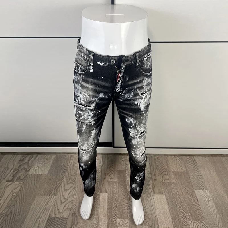 Top Trends: High Street Fashion Men Jeans Retro Black Gray Elastic Slim Fit Ripped Jeans Men Painted Designer Hip Hop Brand Pants Hombre Shoppable Styles