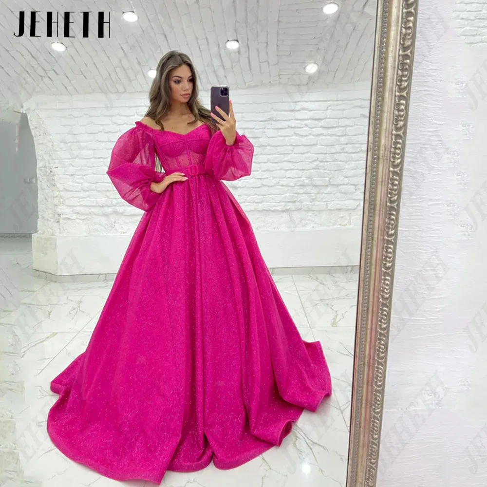 Top Trends: JEHETH Modern Evening Dress For Woman Puff Sleeves Sweetheart Off Shoulder Prom Dress Shiny Tulle A-Line فساتين سهره فاخره 2023 Shoppable Styles