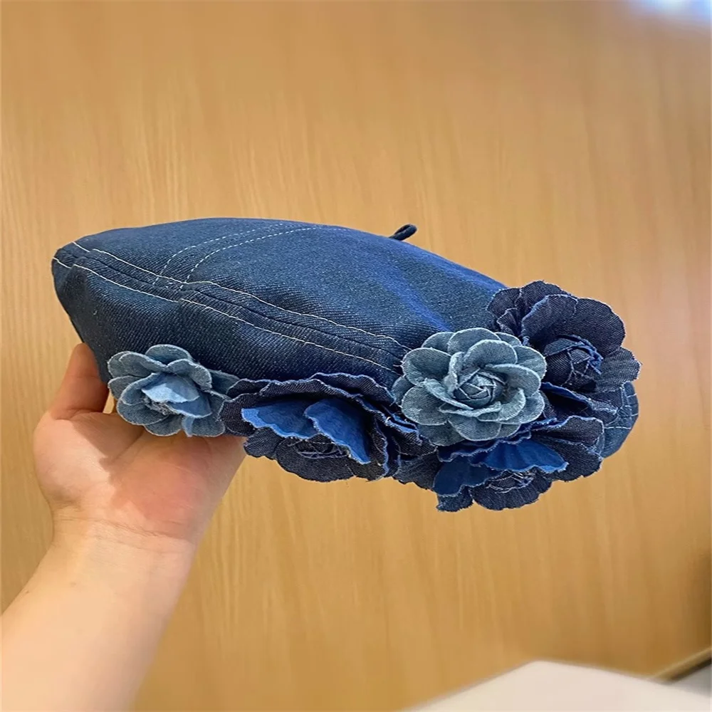 Top Trends: Y2K Korean Designer Vintage Elegance Denim Blue Camellia Beret Hats For Women Spring Summer Femininity Niche Casual Painter Caps Shoppable Styles - Image 5