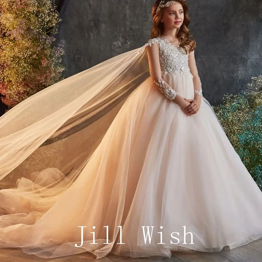 Top Trends: Jill Wish Luxury Beige Flower Girl Dress Appliques With Cape Princess Kids Wedding Birthday Party Prom Gown Communion 2024 J195 Shoppable Styles