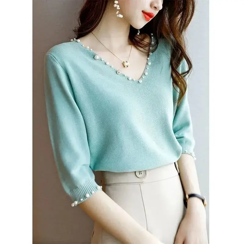 Top Trends: Elegant V-Neck Beading Half Sleeve Loose Solid Color Blouse Plus Size Casual Tops 2022 Summer New Commute Women Clothing Shirt Shoppable Styles