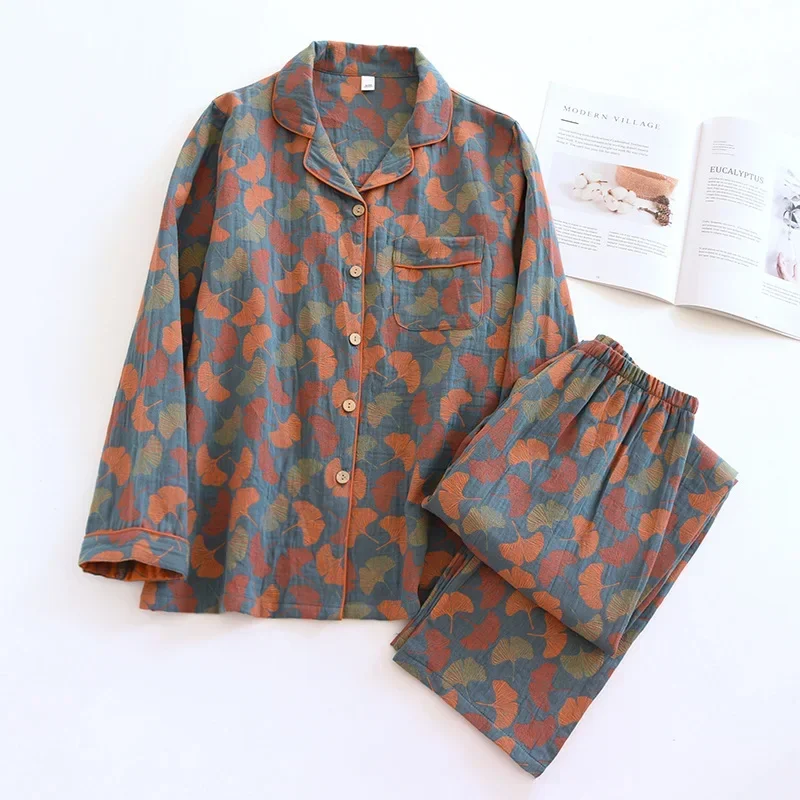 Top Trends: 2024 New Spring And Summer Women's Pajamas Suit Long-sleeved Trousers Two-piece 100% Cotton Crepe Flower Leaves Home Clothes Shoppable Styles