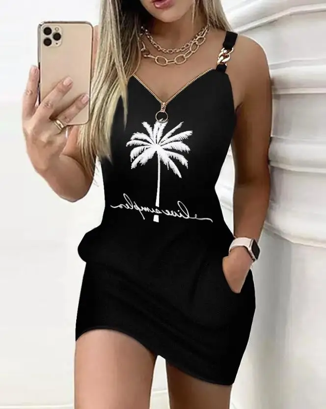 Top Trends: Women's Dresses 2023 Summer Fashion Coconut Tree Print Chain Decor Casual V-Neck Sleeveless Daily Vacation Mini Straight Dress Shoppable Styles