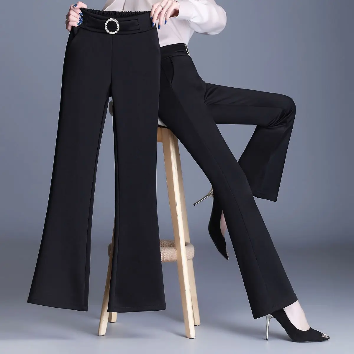 Top Trends: Office Lady Black Korean Flare Pants Spring Autumn Streetwear Fashion Wide Leg Elastic High Waist Casual Women Suits Trousers Shoppable Styles