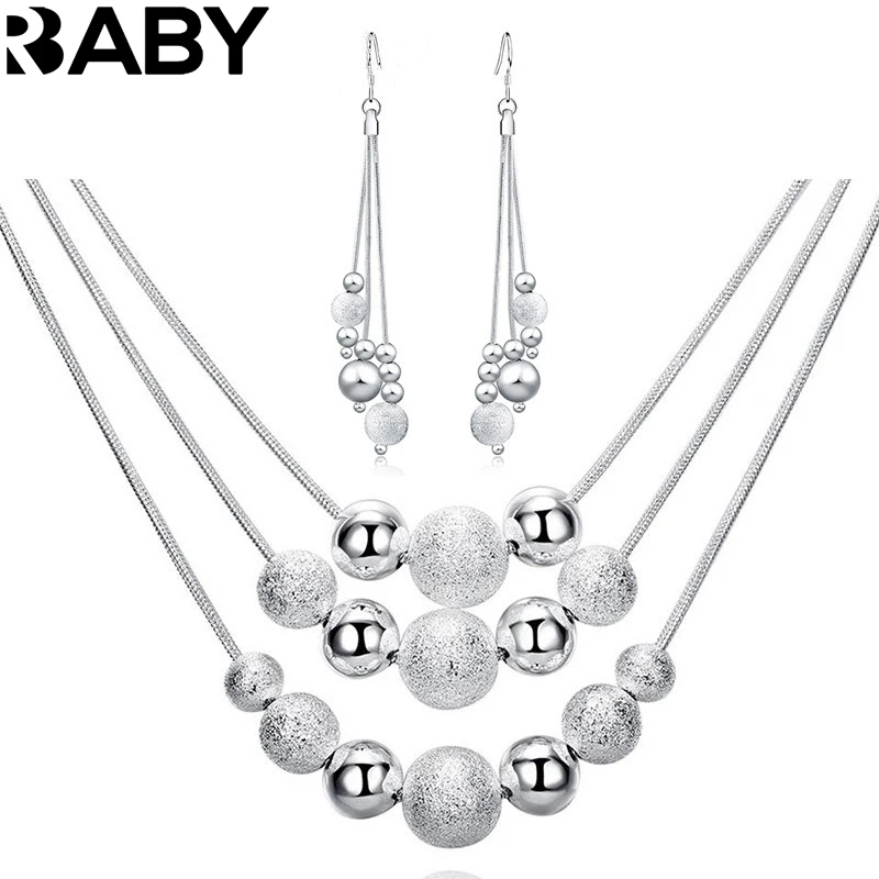 Top Trends: URBABY 925 Sterling Silver 18-inch Frosted Beads Pendant Earrings Necklace For Woman Fashion Jewelry Set Wedding Gift Shoppable Styles