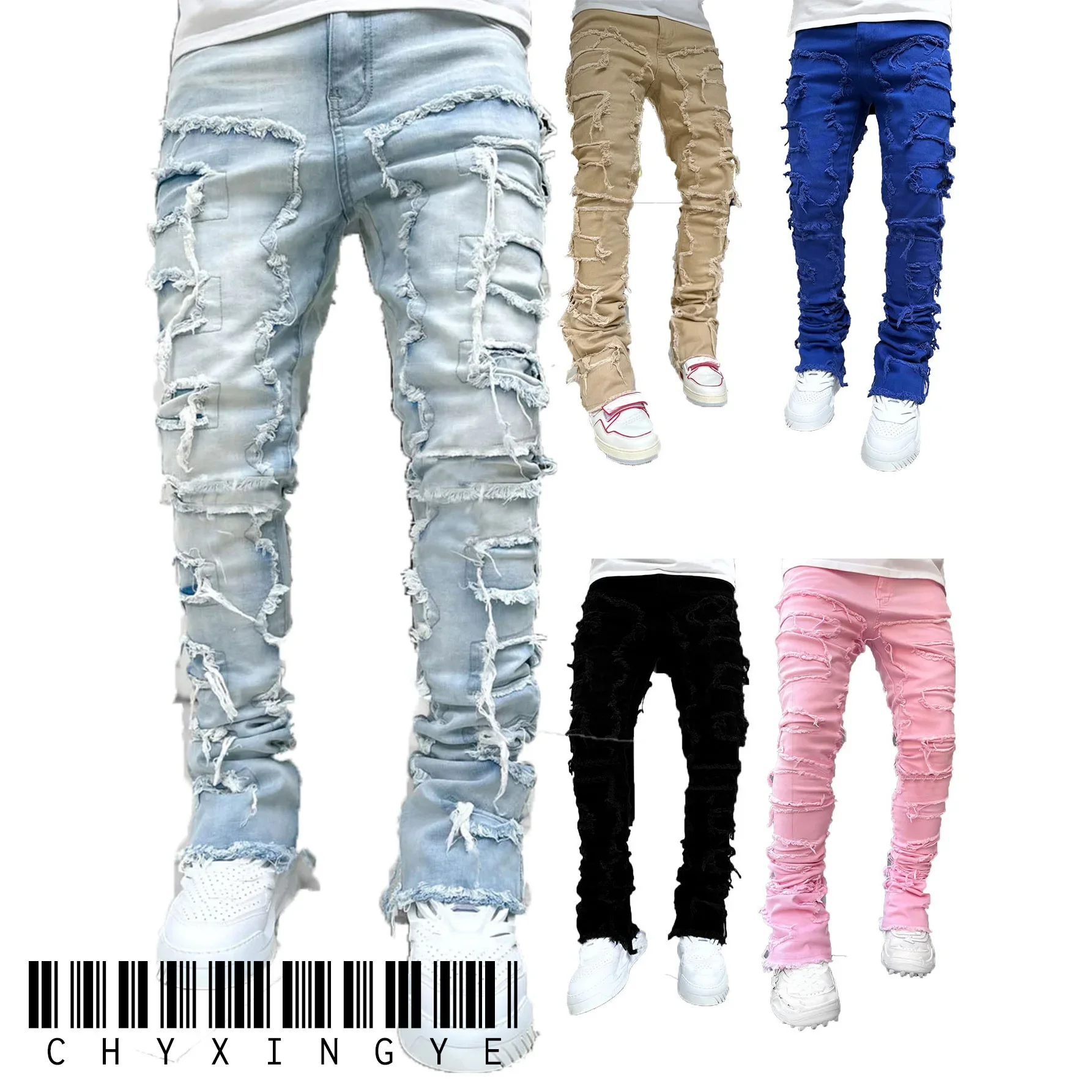 Top Trends: 2023 Chyxinye New European And American Heavyweight Streetwise Stretch Patch Jeans For Men High Street Straight Fit Long Jeans Shoppable Styles