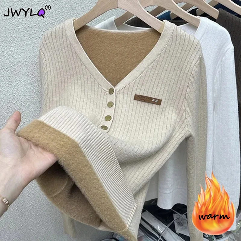 Top Trends: Thicken Warm Plus Velvet Winter Sweater Women Casual V-neck Button Decoration Design Basic Solid Knit Pullover Bottomed Sweaters Shoppable Styles