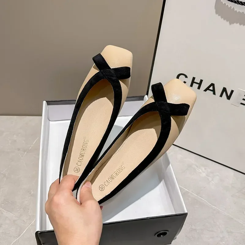 Top Trends: Square Head Flats Single Shoes Women Spring Summer New Moccosins Soft Bottom Ballet Shallow Mouth Bow Loafers Plus Size 34-43 Shoppable Styles