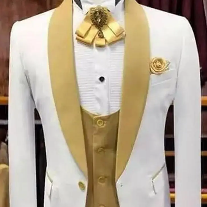 Top Trends: White And Gold Wedding Evening Dress Groomsman Shawl Lapel Men Suit 3PCS Costume Homme Jacket Vest And Gold Pants Shoppable Styles