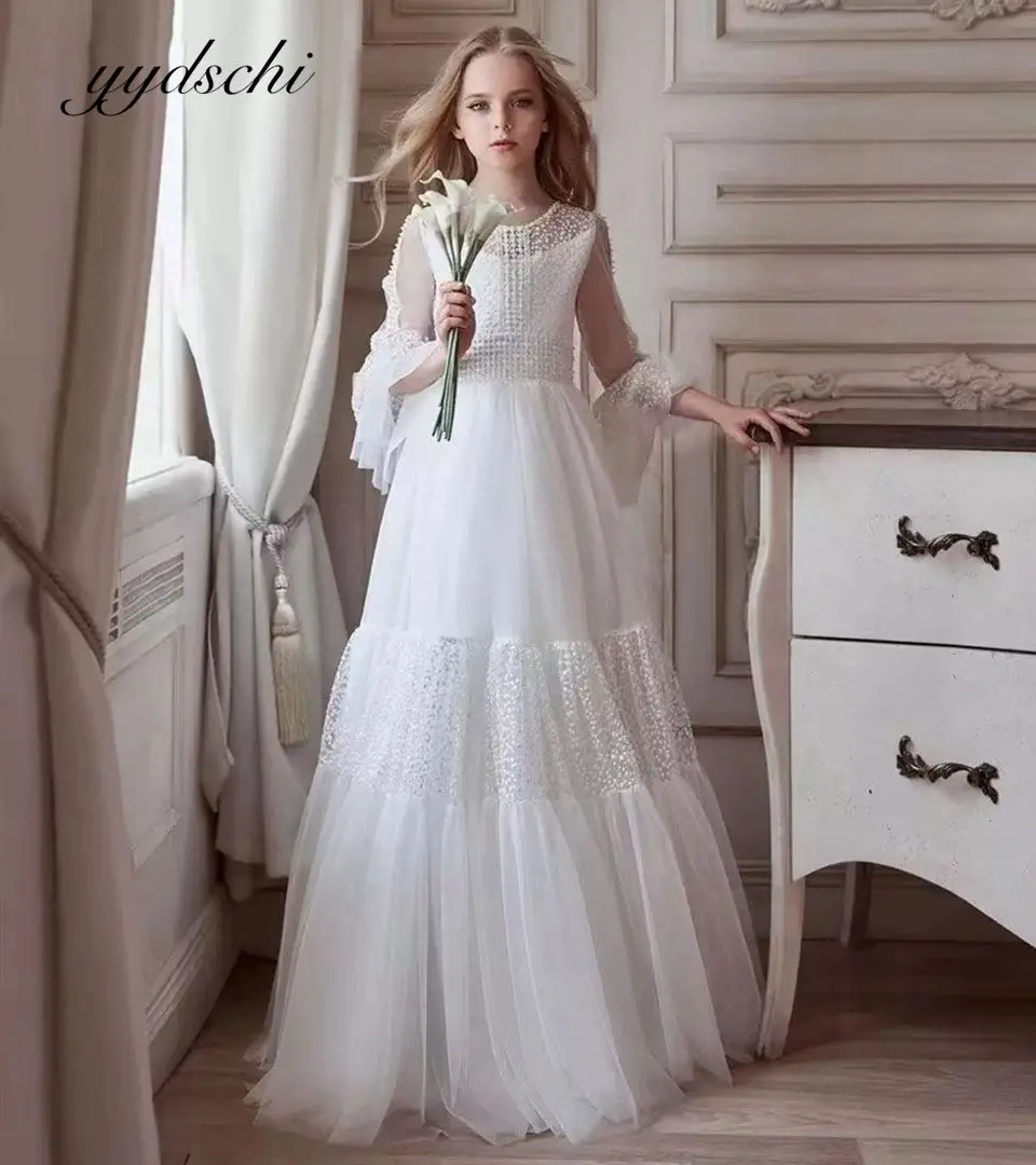 Top Trends: 2023 White Long Sleeves Flower Girl Dress For Weddings Tulle Girls Party Gown First Communion Dress Button Back Ball Gown Shoppable Styles