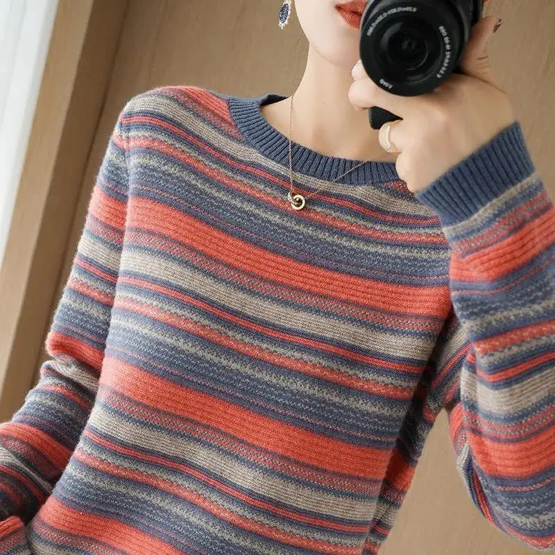 Top Trends: Autumn Winter Fashion Elegant Striped V-Neck Sweaters Women&#039;s Clothing All-match Long Sleeve Loose Knitted Pullovers For Female Shoppable Styles