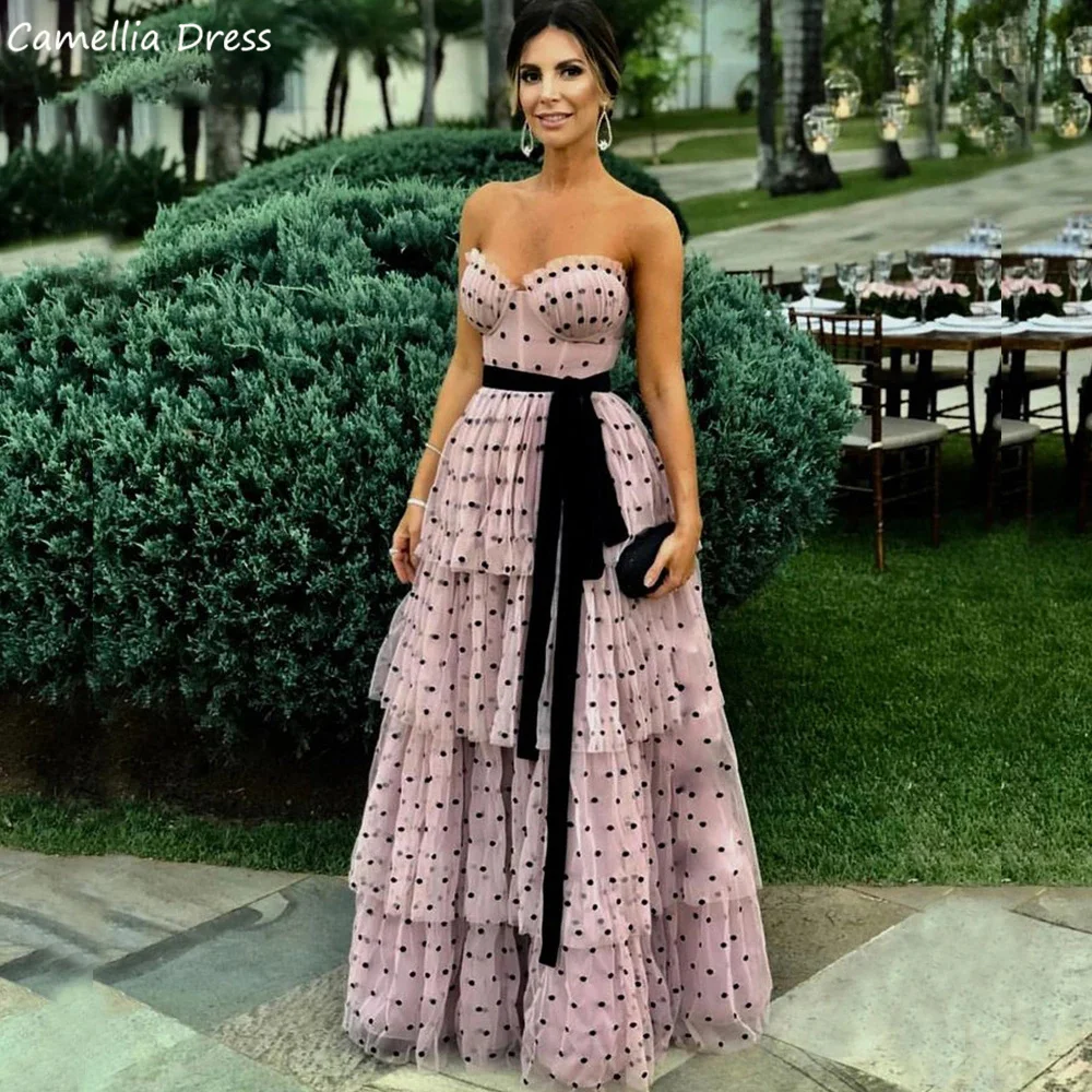 Top Trends: Pink Prom Dresses Long Black Dot Sweetheart Strapless Tiered Evening Dresses Black Evening Gown Vestidos De Cóctel فستان سهرة Shoppable Styles