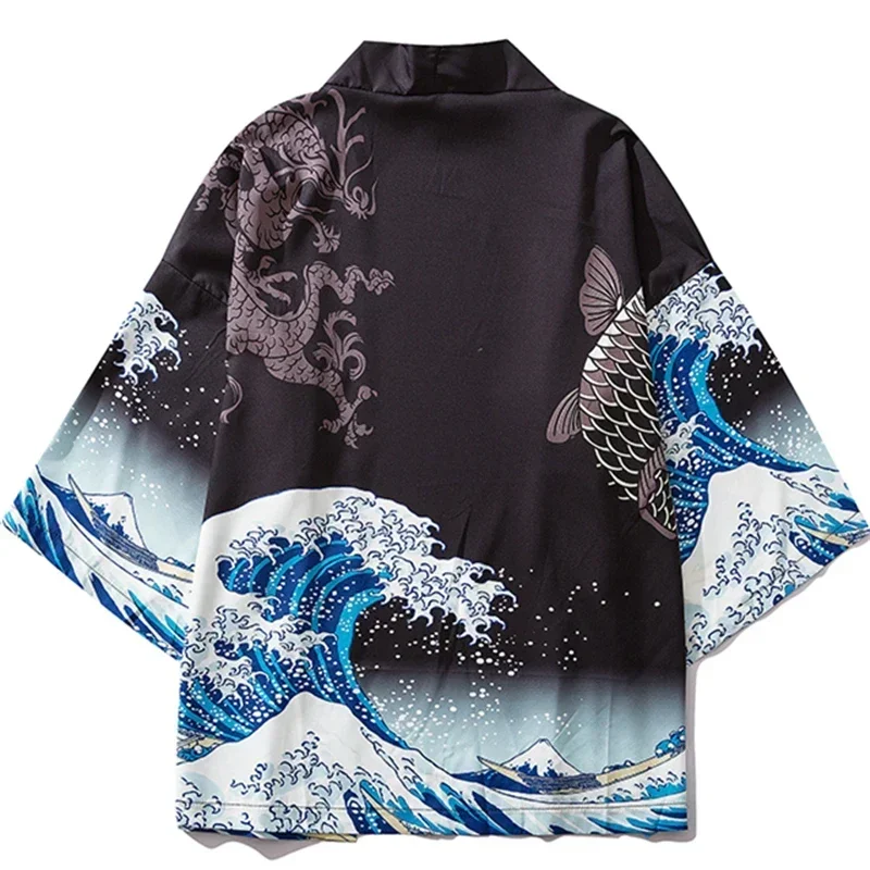 Top Trends: Black Kimono Cardigan Women Men Japanese Obi Male Yukata Men's Haori Japanese Wave Carp Print Coat Traditional Japan Clothing Shoppable Styles