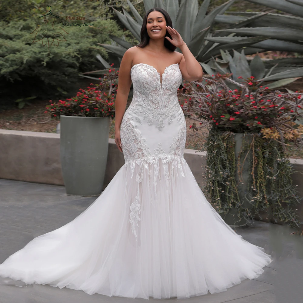 Top Trends: Tulle Mermaid Wedding Dresses Plus Size Sweetheart Neck Sleeveless Bride Gowns Lace Appliques Sweep Train Vestido De Novia 2023 Shoppable Styles