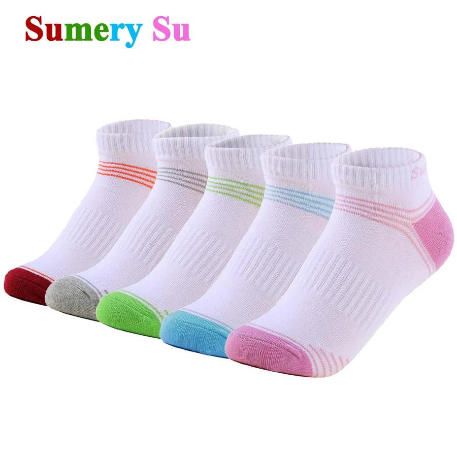 Top Trends: 5 Pairs / Lot Running Socks Women Casual Outdoor Travel Cute Colorful Stripe Sports White Short Cotton Sock Girls Gift 5 Colors Shoppable Styles