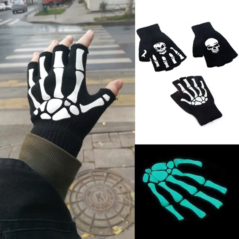 Top Trends: New Fingerless Gloves Half Finger Glove Unisex Christmas Halloween Skeleton Head Cycling Non-slip Luminous Warm Gothic Gloves Shoppable Styles