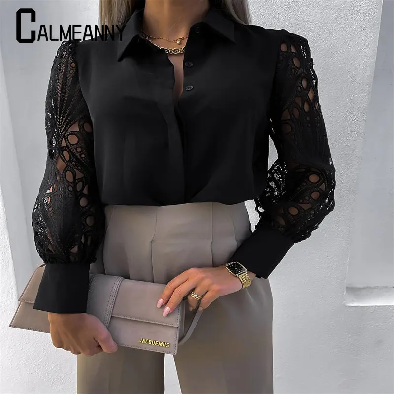 Top Trends: Summer Autumn Tops Blouses Solid Color Elegant Vintage Shirts Blouse Women Lace HollowOut Long Sleeve Lapel V Neck Shirts Ladies Shoppable Styles - Image 2