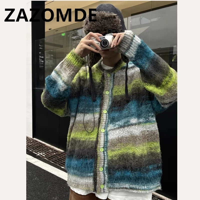 Top Trends: ZAZOMDE Winter Colorful Cardigan Sweater Stripe Rainbow Knitted Button Coat Fashion Contrast Color Sweater Coat Y2K Couple Tops Shoppable Styles