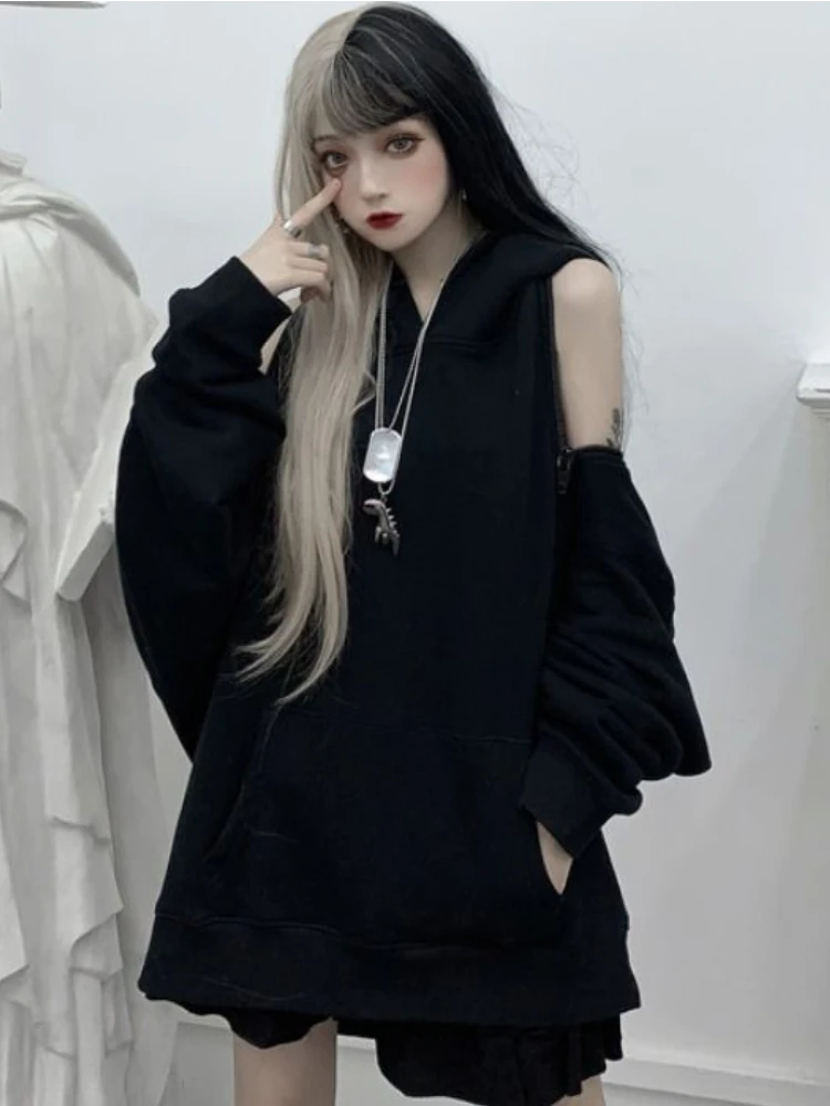 Top Trends: Deeptown Gothic Grunge Black Hoodies Women Punk Techwear Oversized Sweatshirts Loose Casual Off Shoulder Pullover Tops BF E-girl Shoppable Styles