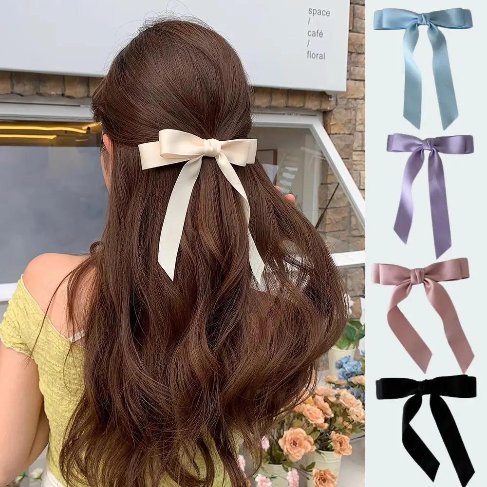 Top Trends: New Solid Color Bowknot Barrettes Fashion Satin Bow Ribbon Hair Clip Double-layer Streamer Ponytail Clip Sweet Hair Accessories Shoppable Styles