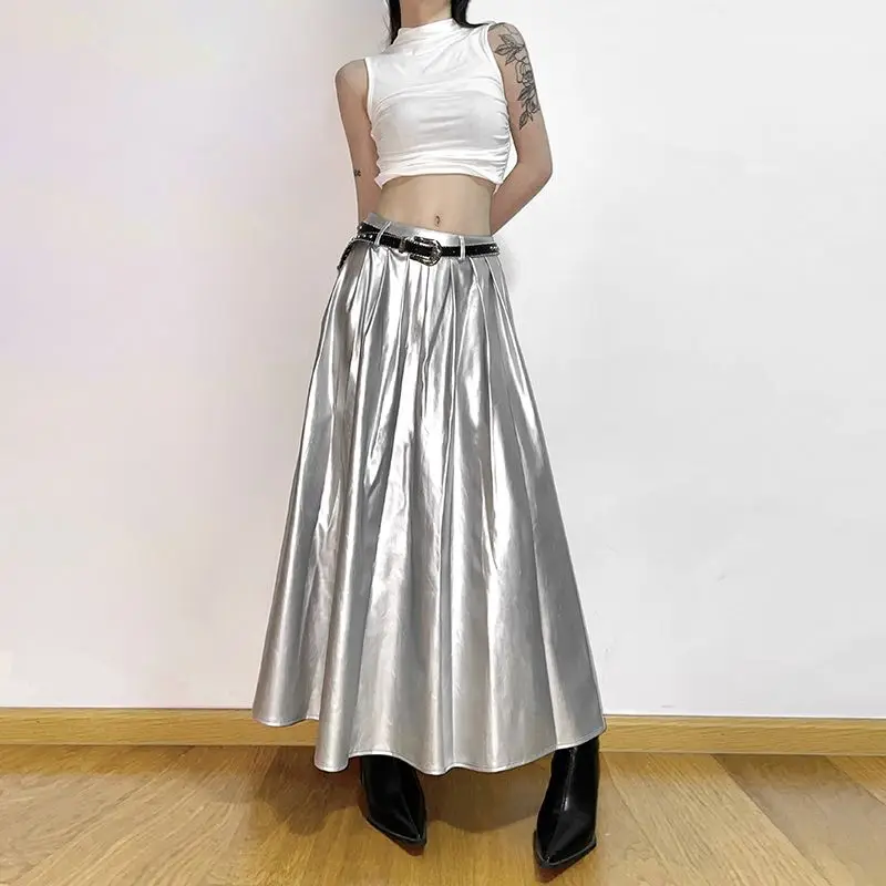 Top Trends: Solid Silver Leather Maxi Skirts Midi Long Skirt 2023 Y2k Women Grunge Fashion Gothic Clothing Summer Vintage Harajuku Hippie Shoppable Styles