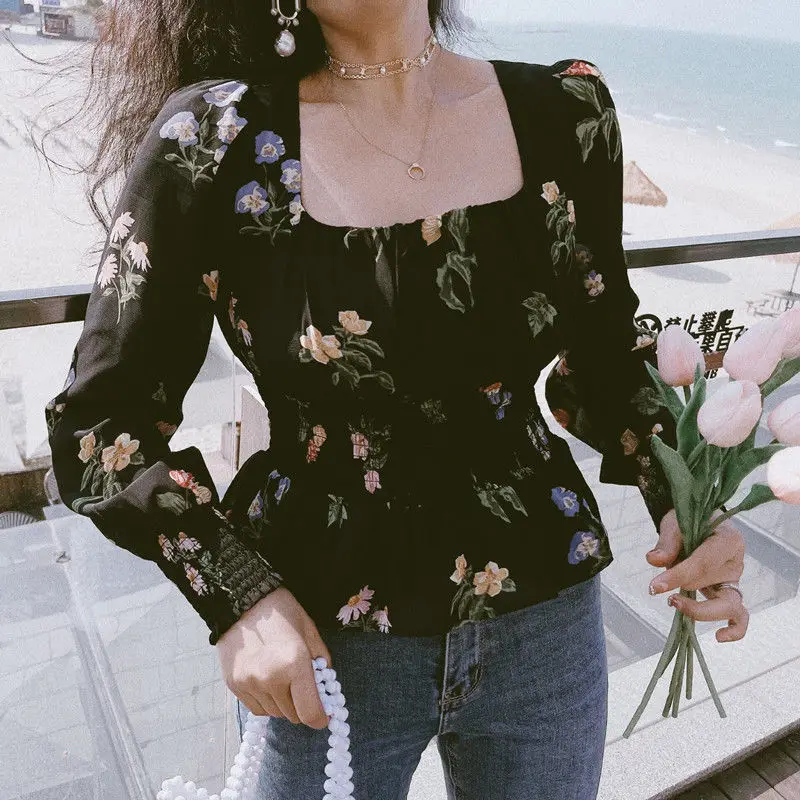 Top Trends: Women Spring Summer New Square Collar Chiffon Pullover Retro Trendy Printing Cinched In The Waist Look Thinner Long Sleeve Tops Shoppable Styles