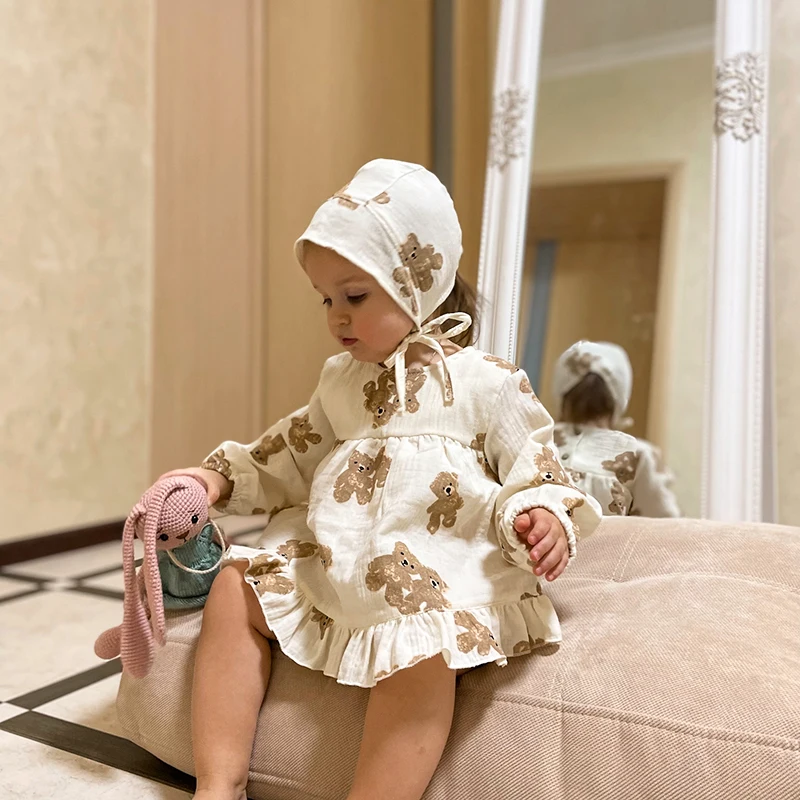 Top Trends: Spring Korean Baby Boy Girls Romper Newborn Organic Cotton Cartoon Bear Print Puff Sleeve Shorts Suit Baby Cute Bear Clothes Set Shoppable Styles