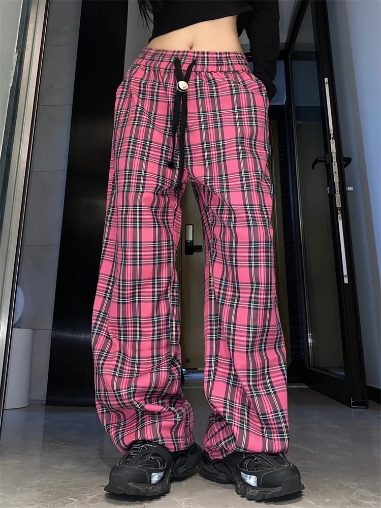 Top Trends: QWEEK Harajuku Pink Plaid Pants Women Cyber Y2K Egirl Wide Leg Checked Trousers Female Oversize Streetwear Edgy Style Sweatpants Shoppable Styles