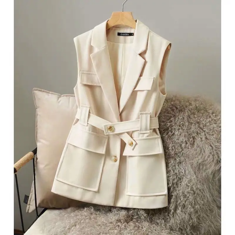 Top Trends: Women's V-neck Suit Vests New Spring And Autumn England Solid Color Sashes Sleeveless Patchwork Button Pockets Loose Coats Tops Shoppable Styles