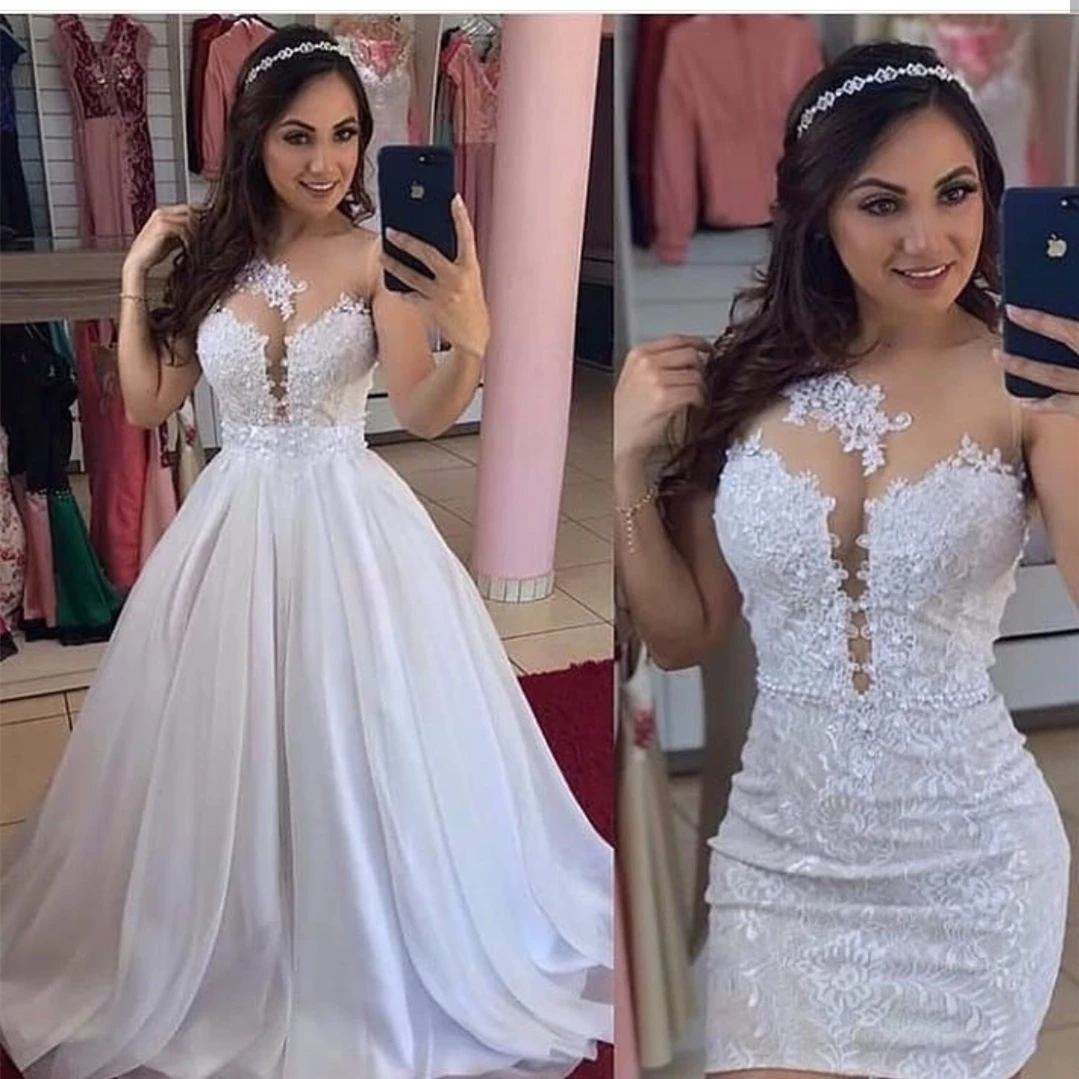 Top Trends: Two Pieces Wedding Dresses Detachable Train Sheath Illusion Lace 2 In 1 Bridal Gowns With Pearls Vestidos De Novia Shoppable Styles