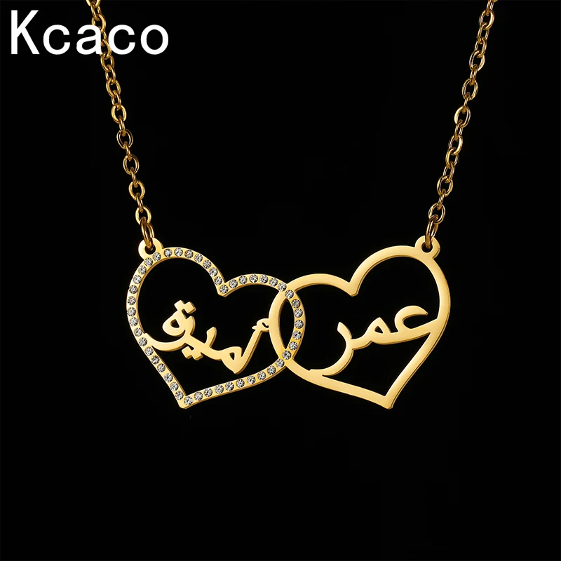 Top Trends: Islam Jewelry Personalized Pendant Necklaces Stainless Steel Gold Plated 2 Hearts Couple Necklace With Zircon Arabic Name Gift Shoppable Styles