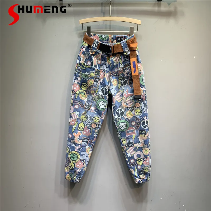 Top Trends: 2022 Spring Summer Personalized Cartoon Pattern Ladies Denim Harem Pants Korean Women New High Waist Loose Limming Skinny Jeans Shoppable Styles