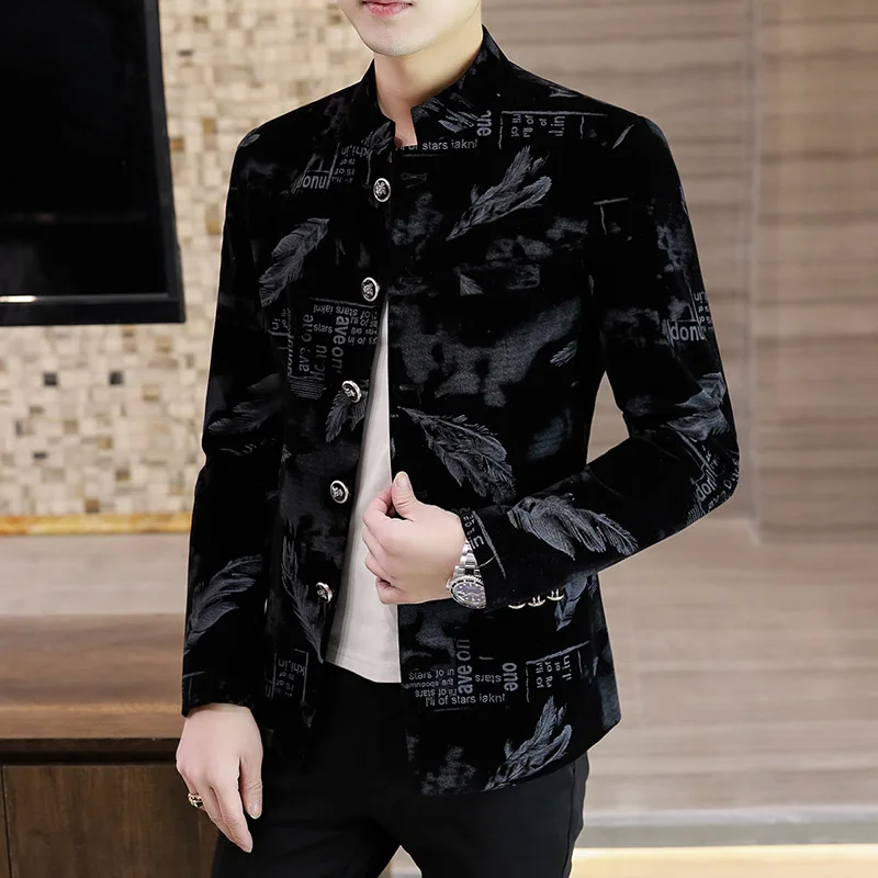 Top Trends: Men&#039;s Casual Standing Collar Golden Velvet Suit Korean Trend Velour Suit Young Zhongshan Single Western Autumn Coat Men Blazer Shoppable Styles