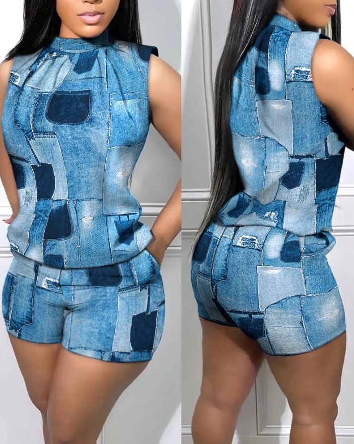 Top Trends: Two Piece Sets Womens Outifits Summer Fashion Denim Look Print Casual Mock Neck Sleeveless Tank Top & Pocket Design Shorts Set Shoppable Styles