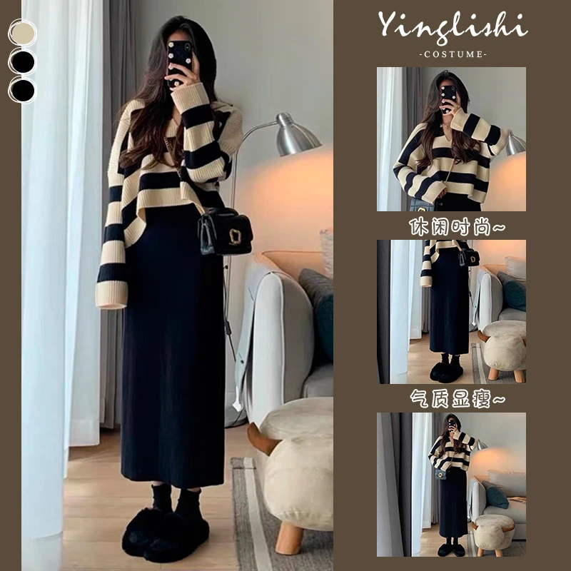 Top Trends: Autumn Women's New Year's Clothes Set Slim Fashionable Strap Dress V-Neck Long Sleeve Striped Sweater Two Piece Set Maternity Shoppable Styles - Image 2