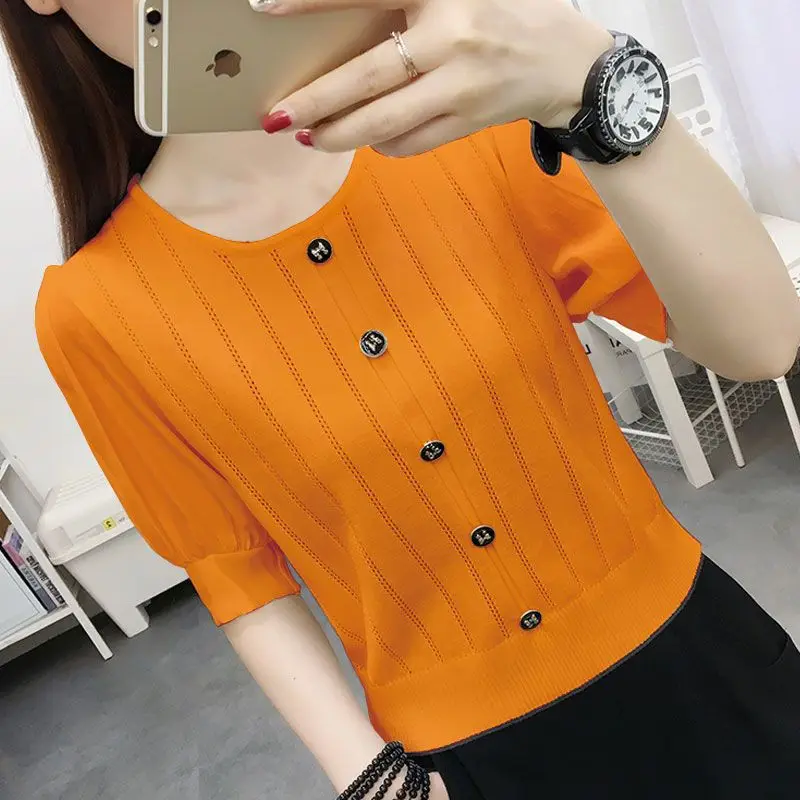 Top Trends: Fashion Solid Color Button Loose Korean Blouse Women Clothing 2023 Spring New Casual Pullovers Half Sleeve Commute Shirt Shoppable Styles