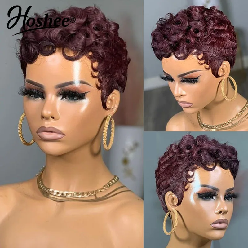 Top Trends: Water Wave Dark Burgundy Colored Glueless Wear And Go100% Human Hair Wig Full Machine Made Pixie Bob Cut Wigs For Black Woman Shoppable Styles