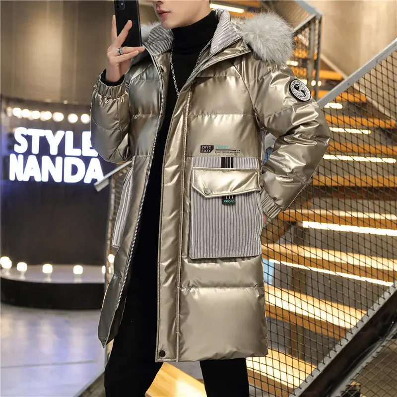 Top Trends: Winter New Men Mid-Length Down Cotton-Padded Jacket Mid-Length Trendy Bright Leather Hooded Parka Male Casual Large Size Outwear Shoppable Styles